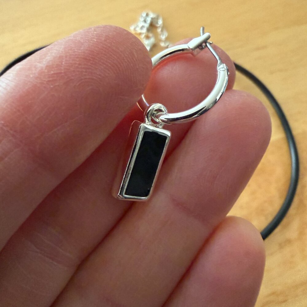Black Pendant Necklace & Earrings Set Silver Tone Minimalist Jewelry Modern Cost - Picture 2 of 3